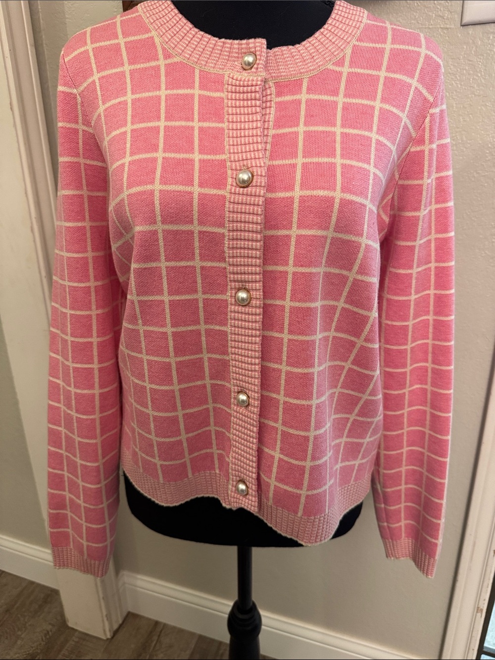 Cyrus Pink Windowpane Pearl-Button Cardigan